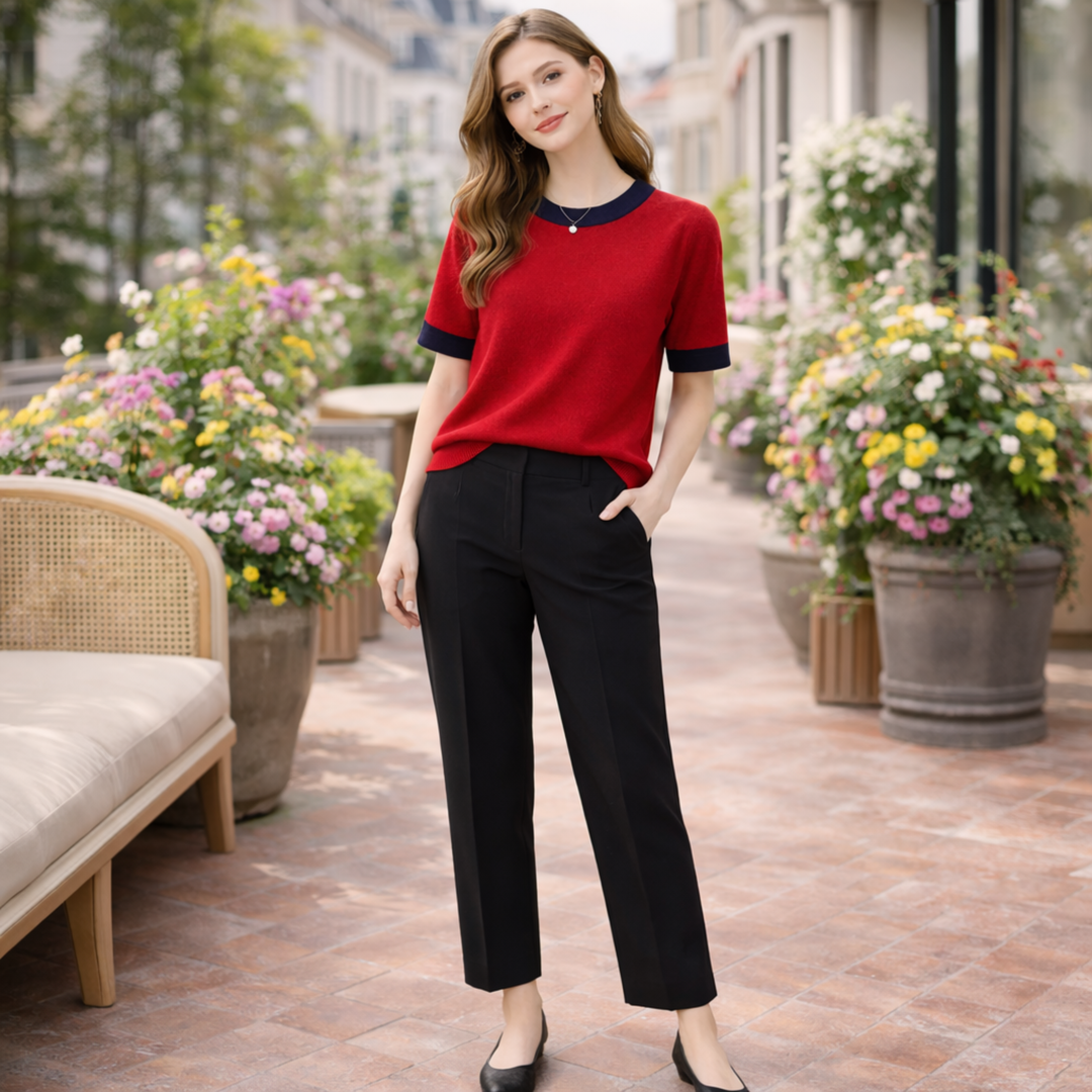 Halcyone™ | Short Sleeve Knit Top with Ribbed Trims