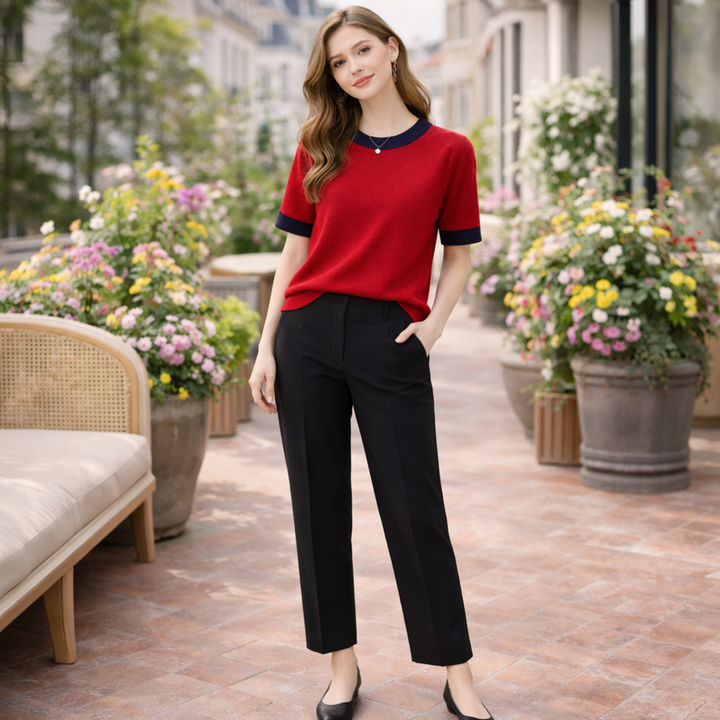 Halcyone™ | Short Sleeve Knit Top with Ribbed Trims