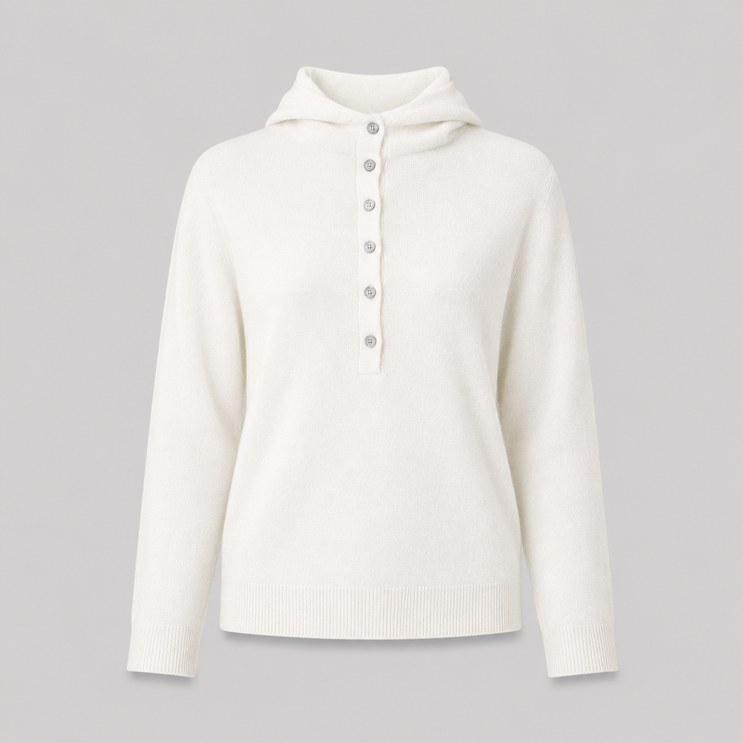 Séverine™ | Cashmere Blend Hooded Knit Sweater with Button Neckline