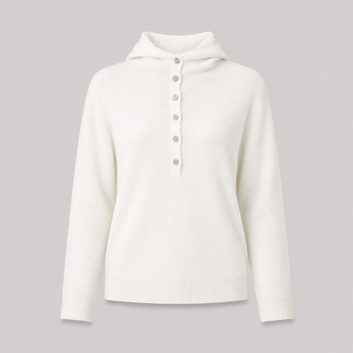 Séverine™ | Cashmere Blend Hooded Knit Sweater with Button Neckline
