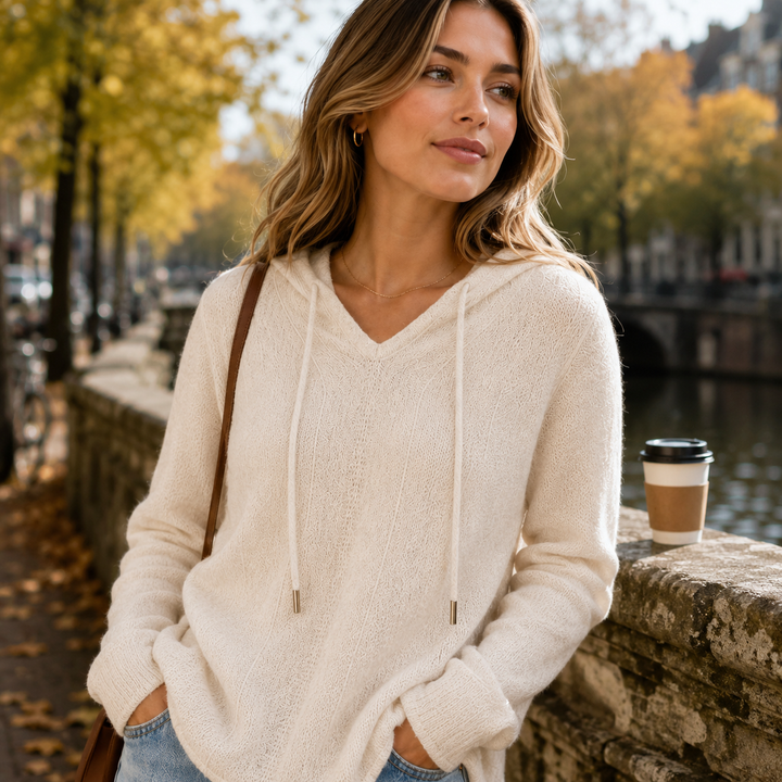 Sylvaine™ | Cashmere Blend Hooded Knit Sweater with Drawstring and V-Neck
