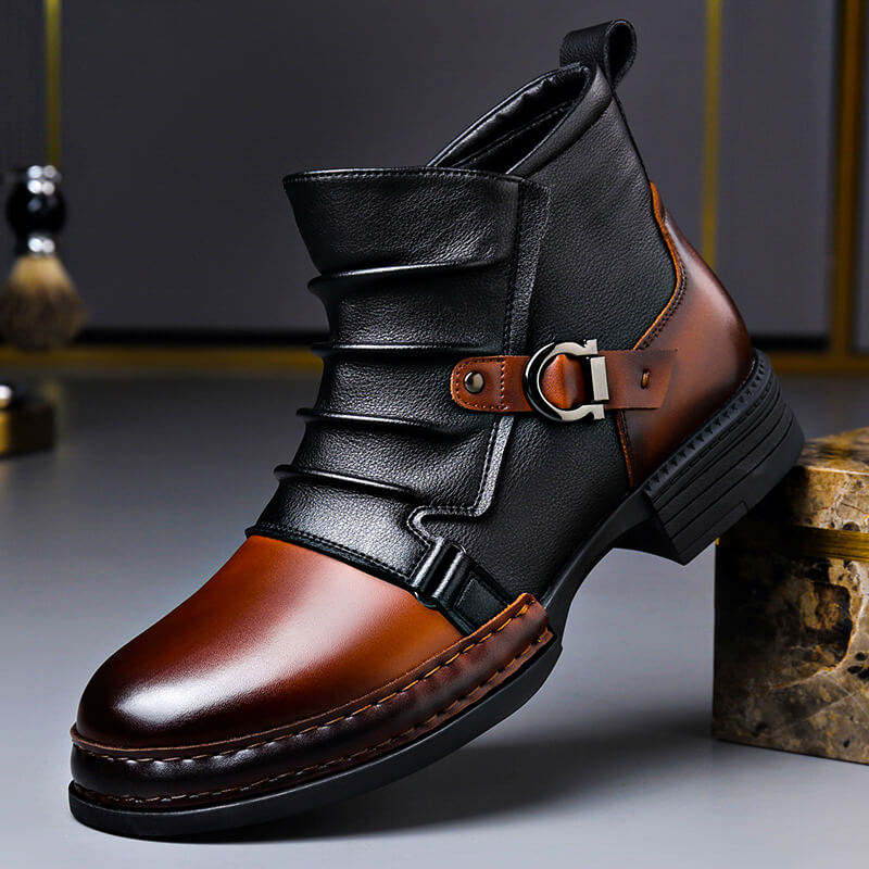 Men's Leather Ankle Boots with Buckle Strap in Cognac Brown