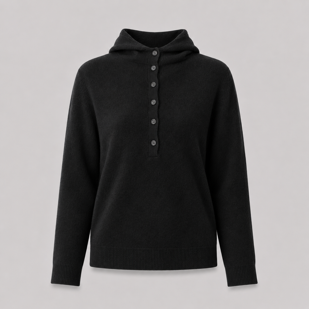 Séverine™ | Cashmere Blend Hooded Knit Sweater with Button Neckline