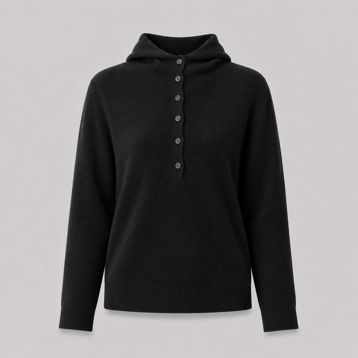 Séverine™ | Cashmere Blend Hooded Knit Sweater with Button Neckline