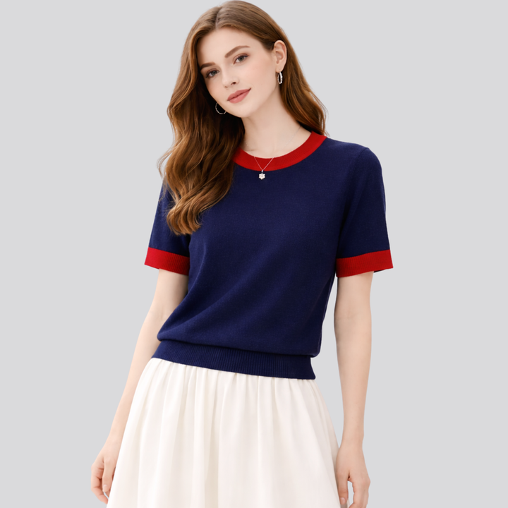 Halcyone™ | Short Sleeve Knit Top with Ribbed Trims