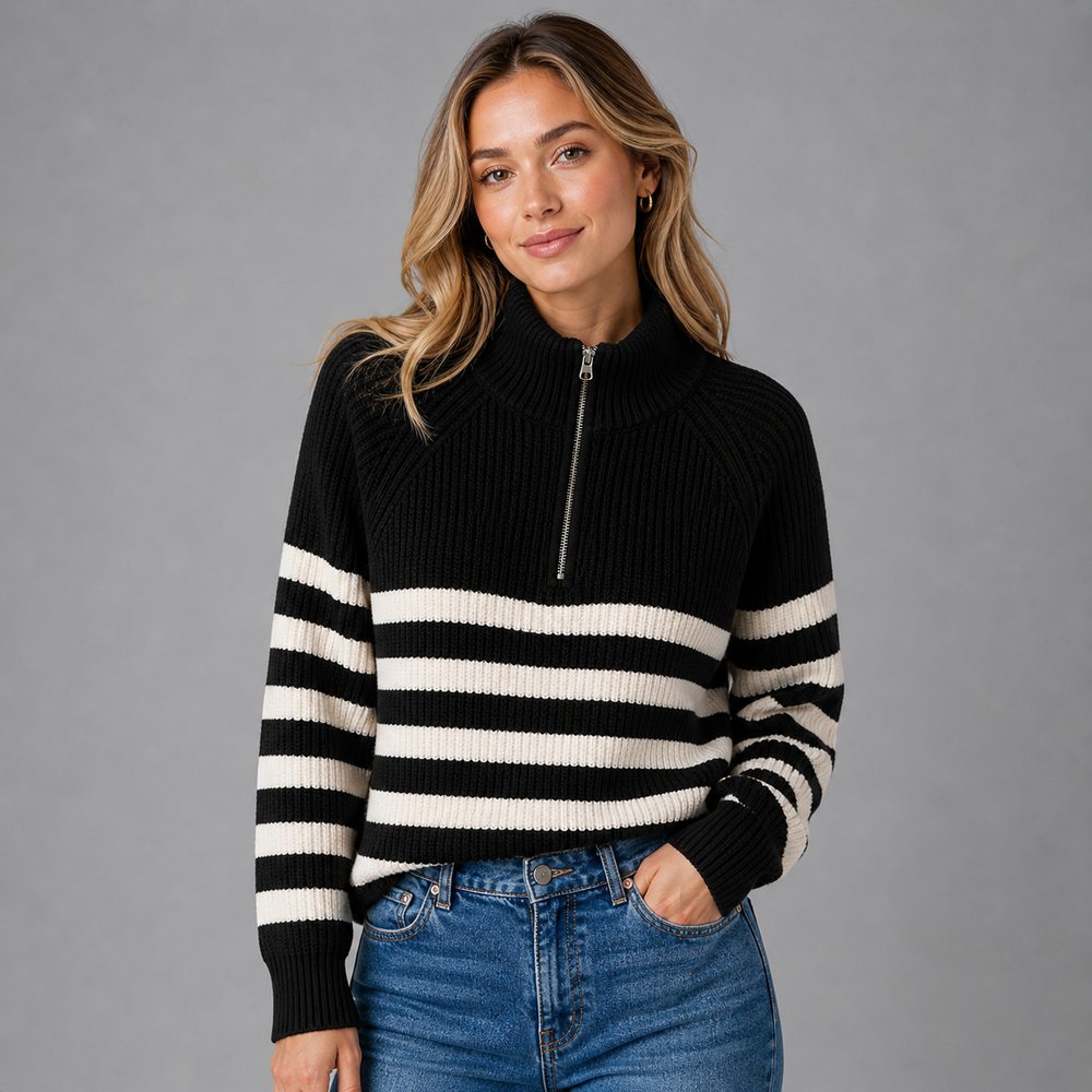 Bellamy™ | Cashmere Blend Half-Zip Sweater with Contrast Stripes
