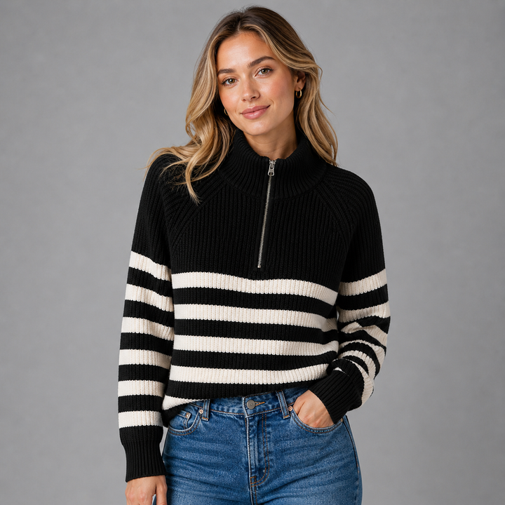 Bellamy™ | Cashmere Blend Half-Zip Sweater with Contrast Stripes