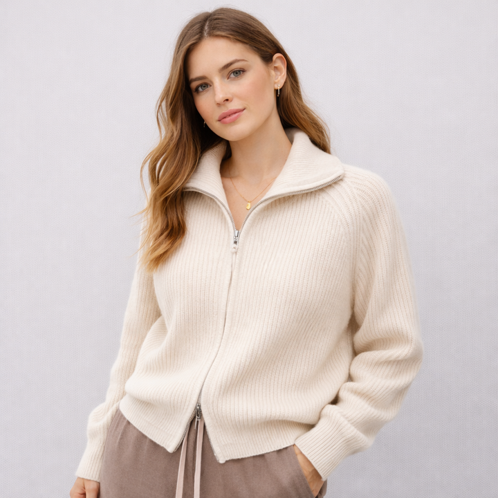 Clemence™ | Ribbed Merino Wool Zip Cardigan with Stand Collar