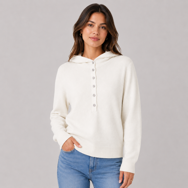 Séverine™ | Cashmere Blend Hooded Knit Sweater with Button Neckline