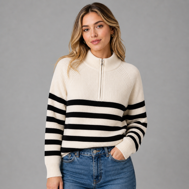 Bellamy™ | Cashmere Blend Half-Zip Sweater with Contrast Stripes