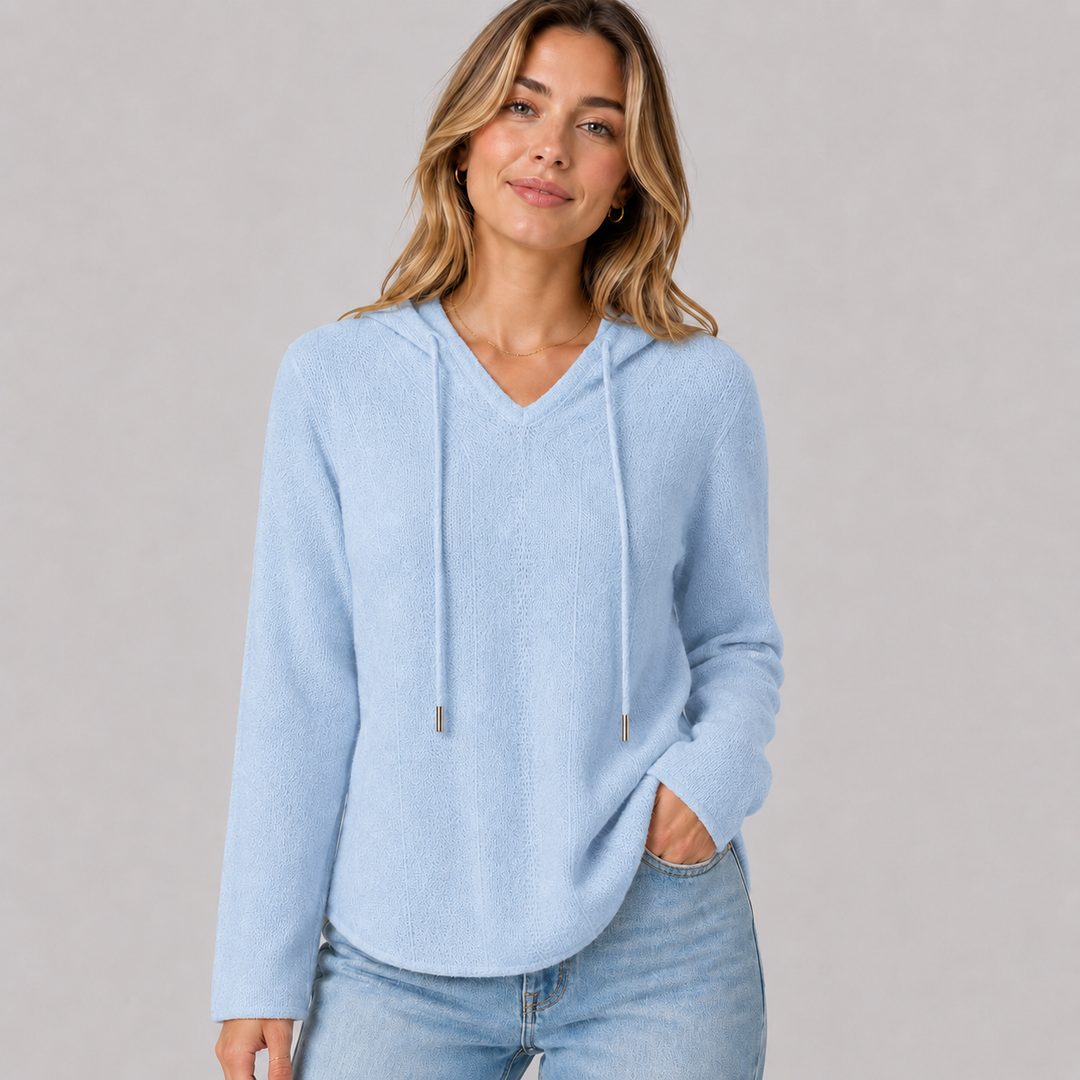 Sylvaine™ | Cashmere Blend Hooded Knit Sweater with Drawstring and V-Neck