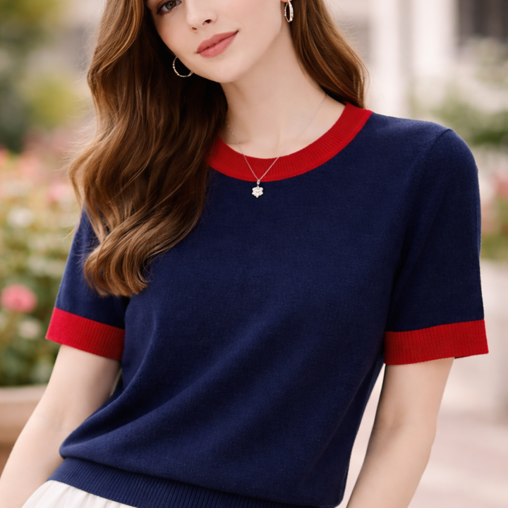 Halcyone™ | Short Sleeve Knit Top with Ribbed Trims