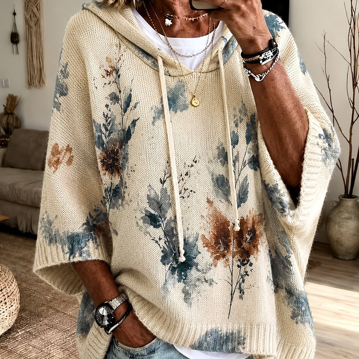 Roswitha™ | Women's Hooded Floral Cape Sweater with Drawstring
