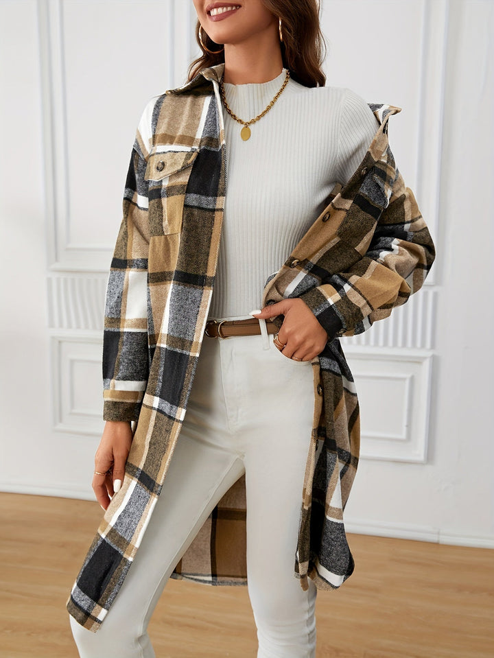 Berenice™ | Women's Longline Plaid Shirt Coat with Chest Pockets