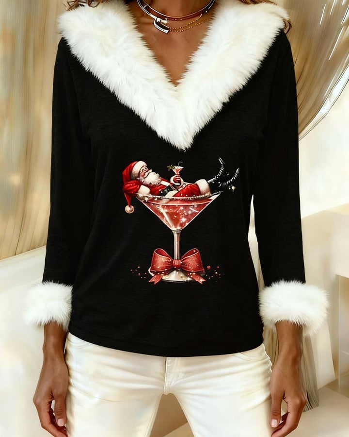 Victorine™ | Women's V-Neck Holiday Top with Plush Collar and Cuffs
