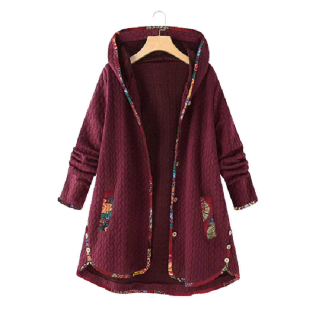 Ebba™ | Women's Hooded Quilted Longline Coat with Printed Trim