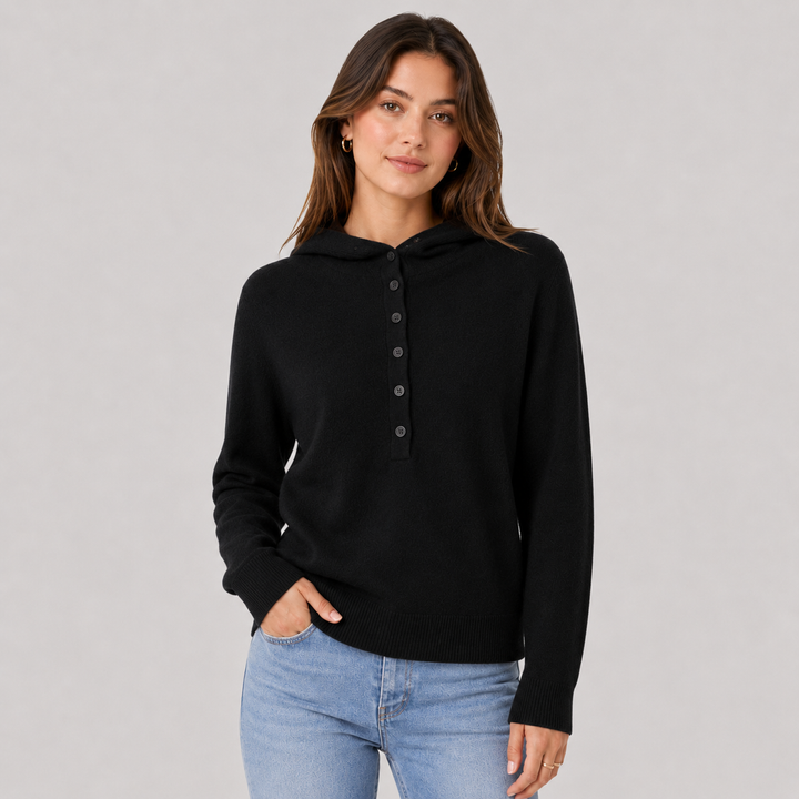 Séverine™ | Cashmere Blend Hooded Knit Sweater with Button Neckline