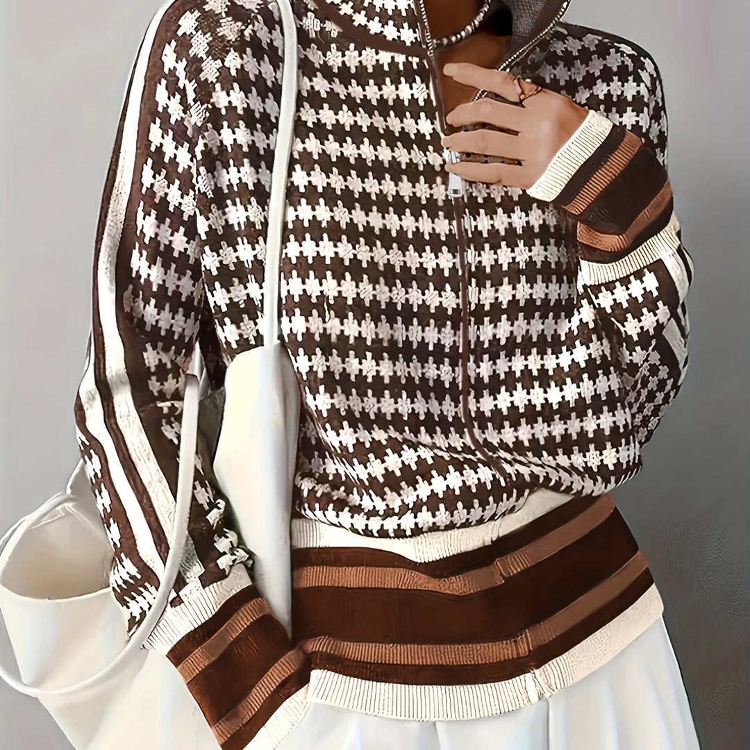 Katrijn™ | Women's Patterned Zip Front Cardigan with Stand Collar
