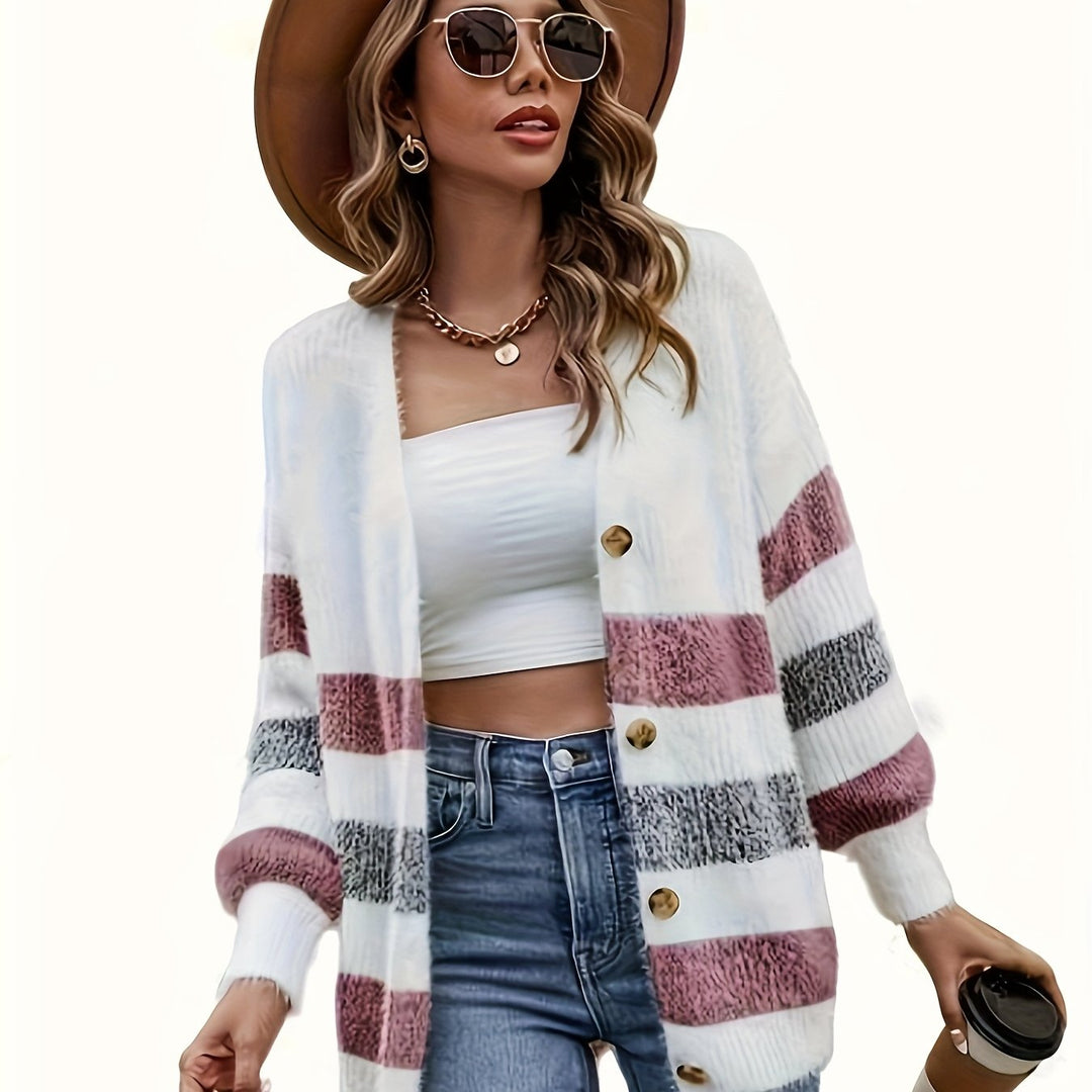 Kezia™ | Women's Striped Open Front Knit Cardigan with Drop Shoulders