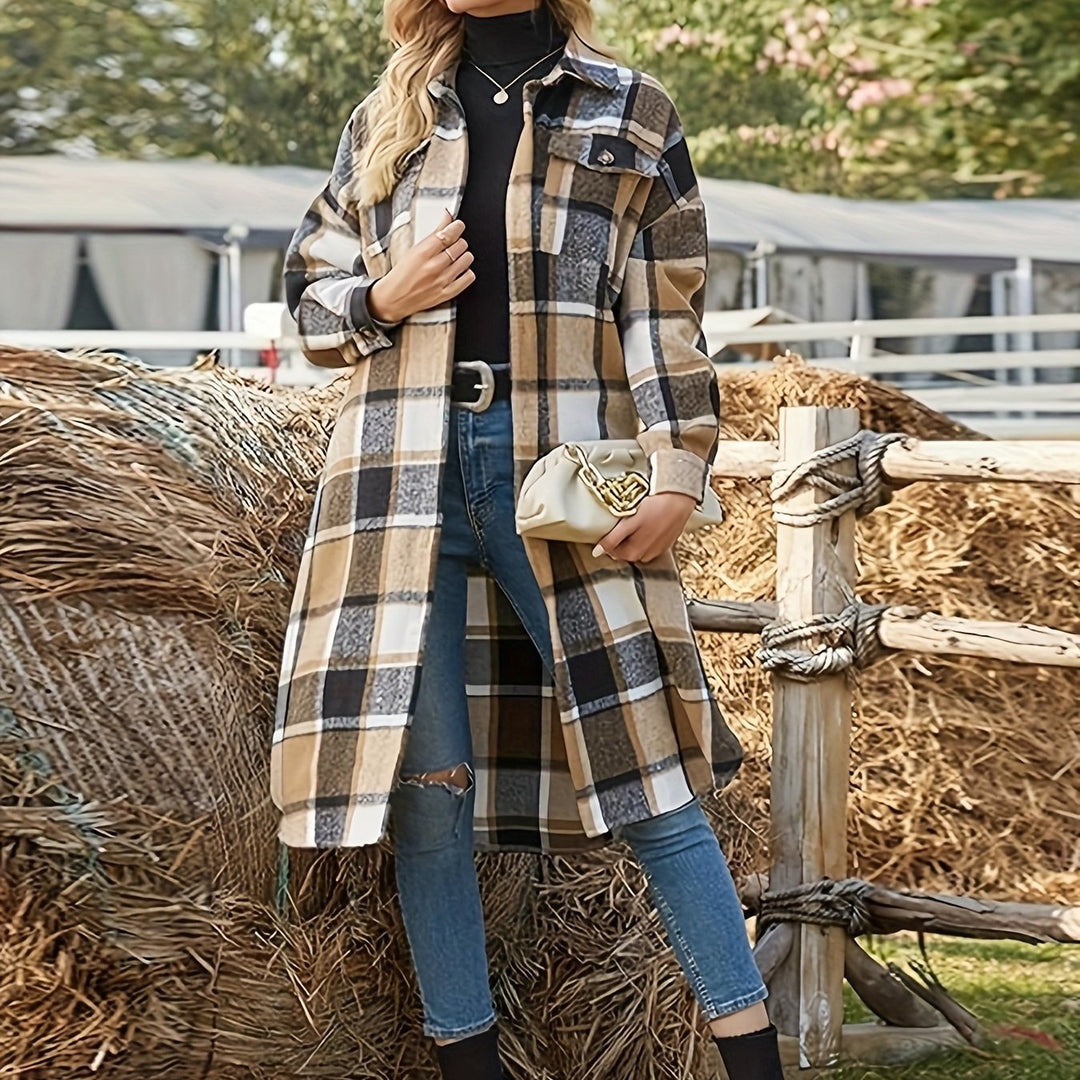 Berenice™ | Women's Longline Plaid Shirt Coat with Chest Pockets