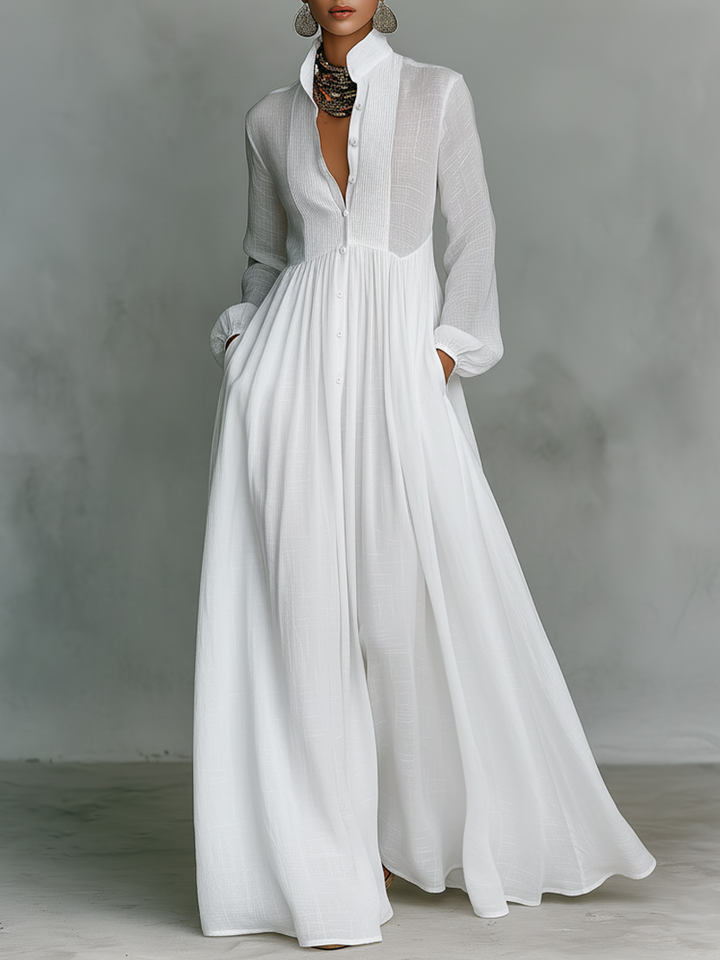 Maxi Minimalist Dress in Cotton and Linen with Patchwork, High Collar and Long Sleeves
