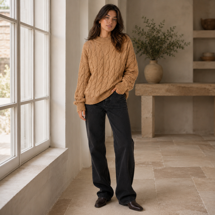 Lucasta™ | Merino Wool Cable Knit Sweater with Ribbed Cuffs and Hem