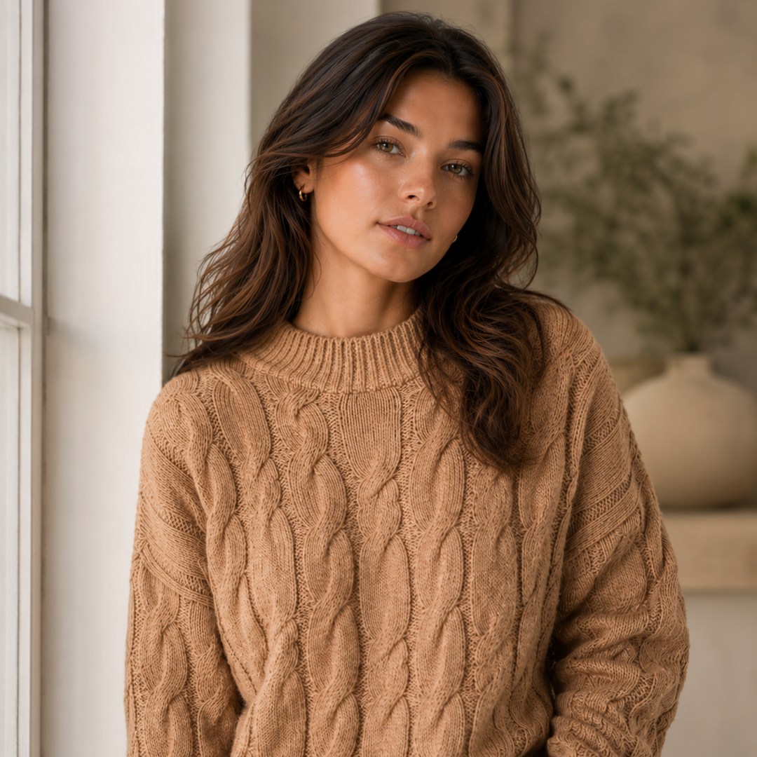 Lucasta™ | Merino Wool Cable Knit Sweater with Ribbed Cuffs and Hem