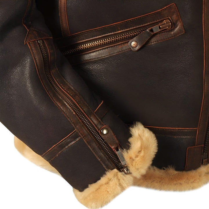 Leather Aviator Jacket with Shearling Collar in Dark Brown