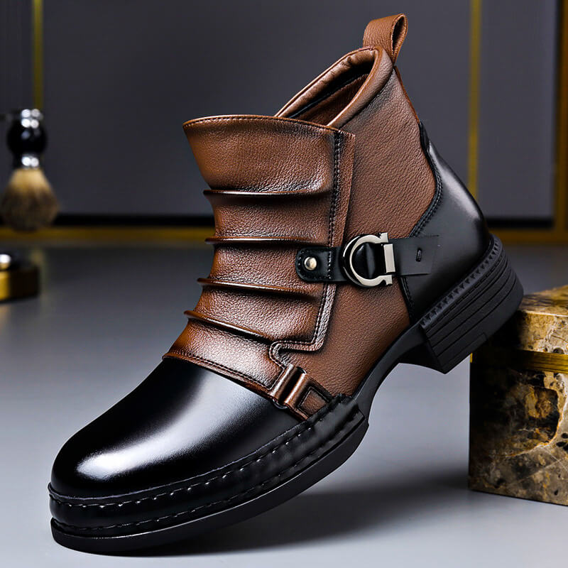Men's Leather Ankle Boots with Buckle Strap in Cognac Brown