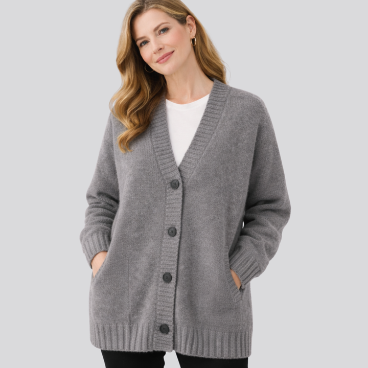 Isaura™ | Oversized V-Neck Knit Cardigan with Button Front, Grey
