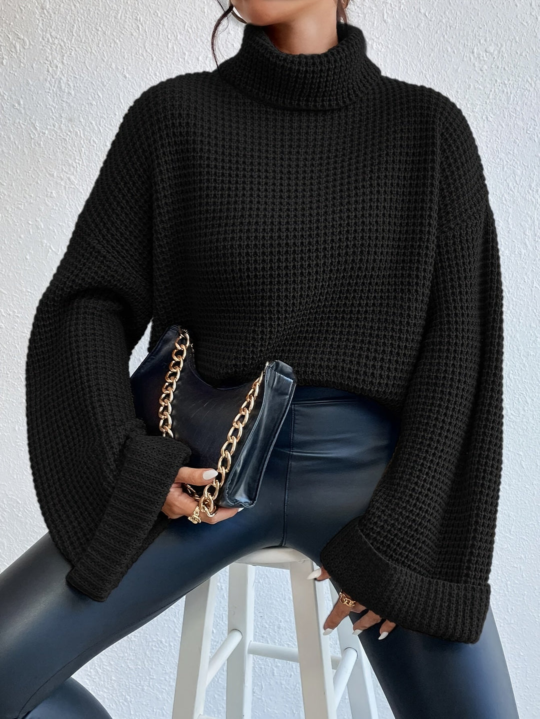 Whitney™ | Women's High Neck Waffle Knit Drop Shoulder Sweater