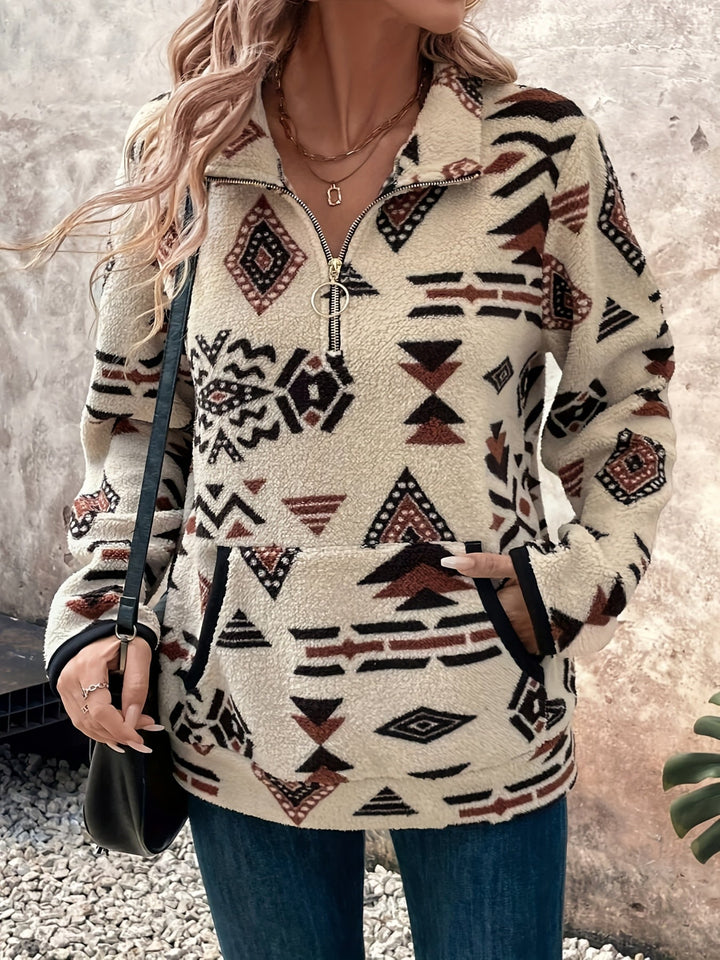 Amaryllis™ | Women's Aztec Print Quarter Zip Pullover with Kangaroo Pocket