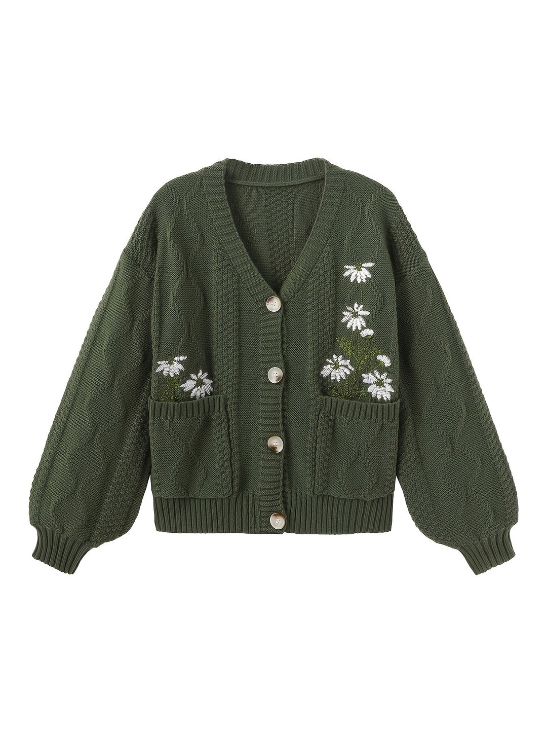 Winsome™ | Women's Floral Embroidered V-Neck Button Cardigan