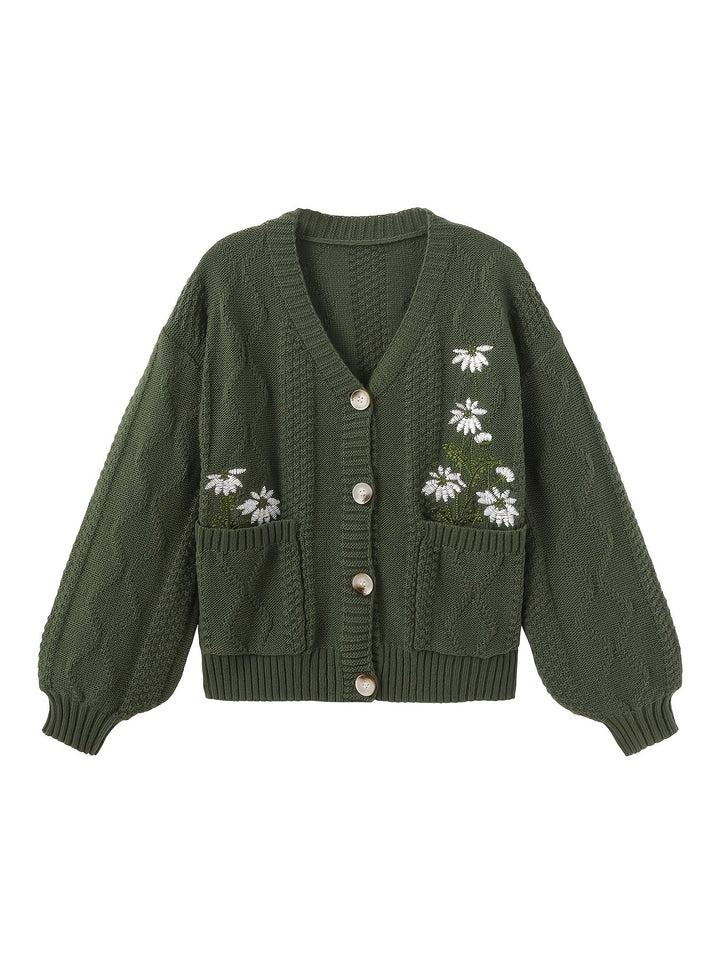 Winsome™ | Women's Floral Embroidered V-Neck Button Cardigan