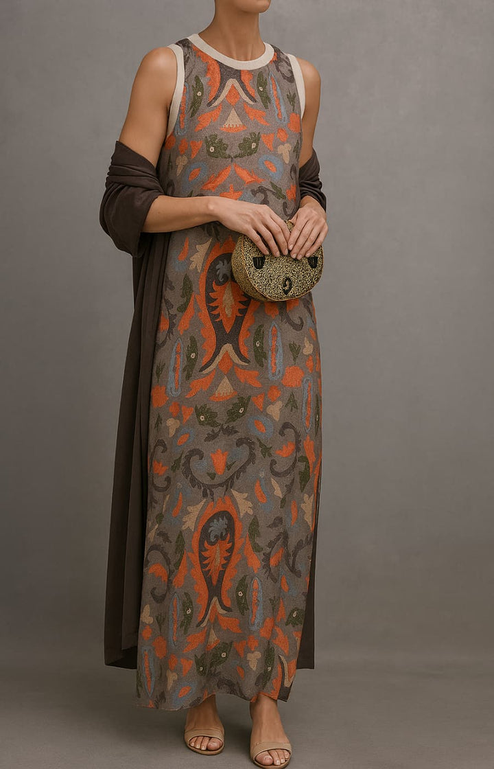 Elina™ | Printed Maxi Dress Set with Matching Vest