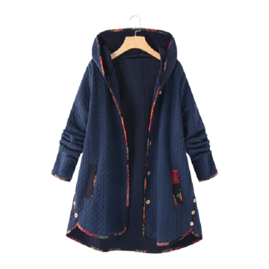 Ebba™ | Women's Hooded Quilted Longline Coat with Printed Trim