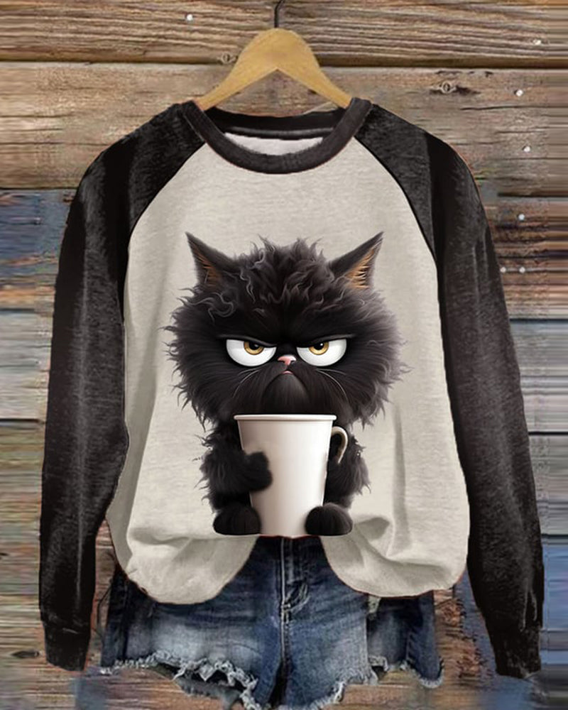 Tuva™ | Women's Grumpy Cat Coffee Graphic Raglan Sweatshirt