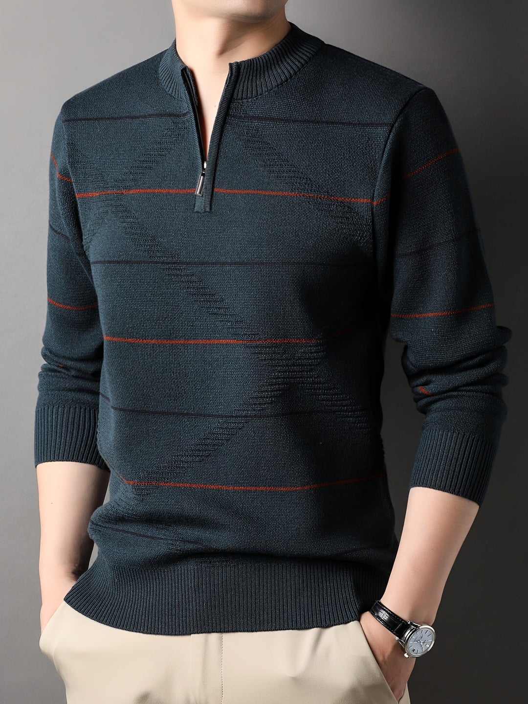Montgomery™ | Men's Striped Zip Neck Sweater with Ribbed Cuffs