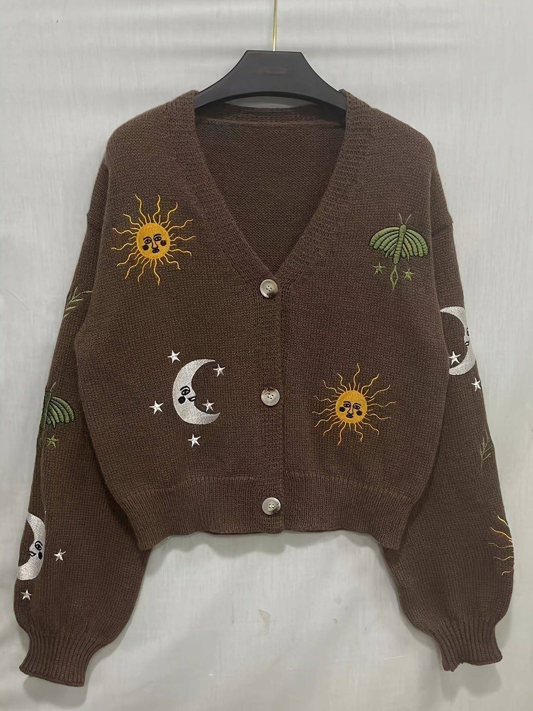 Eglantine™ | Women's Celestial Embroidered Knit Cardigan with Lantern Sleeves
