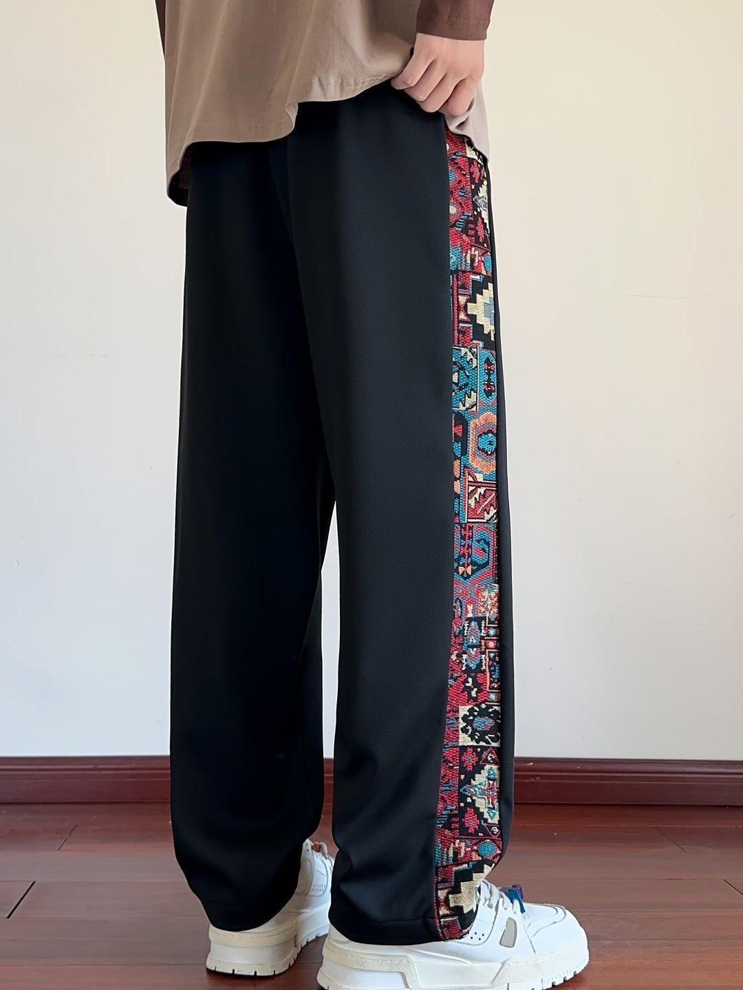 Rafael™ | Men's Wide Leg Drawstring Trousers with Patterned Side Panel