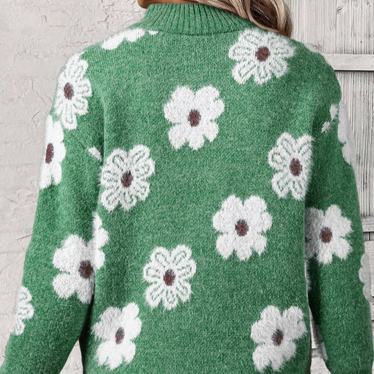 Dionysia™ | Women's Daisy Floral Half Zip Knit Sweater with Collar