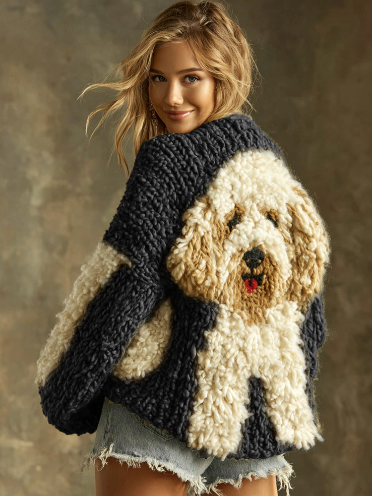 Pervenche™ | Women's Knit Sweater with Fluffy Dog Appliqué