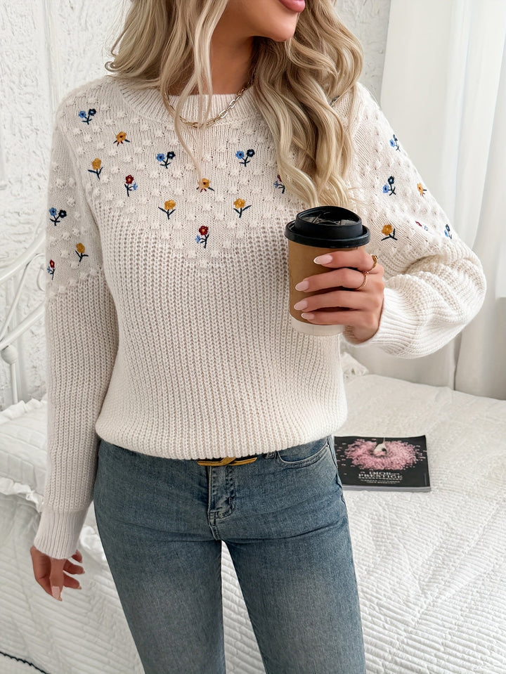 Junia™ | Women's Floral Embroidered Knit Sweater with Crew Neck