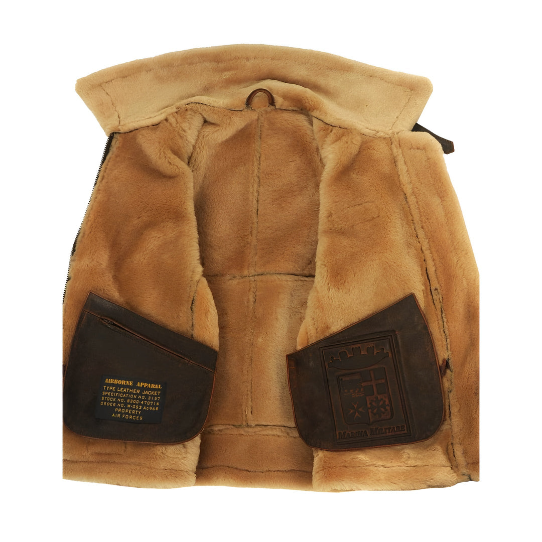 Leather Aviator Jacket with Shearling Collar in Dark Brown