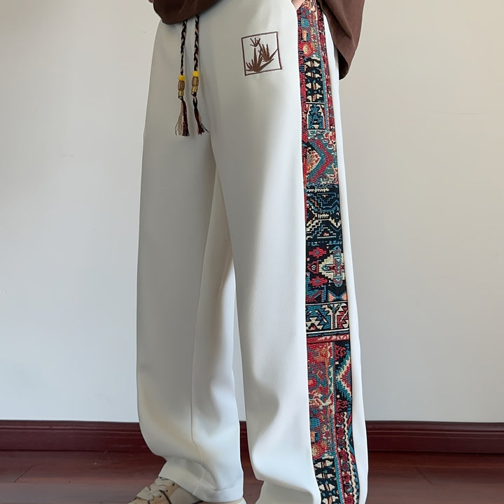 Rafael™ | Men's Wide Leg Drawstring Trousers with Patterned Side Panel