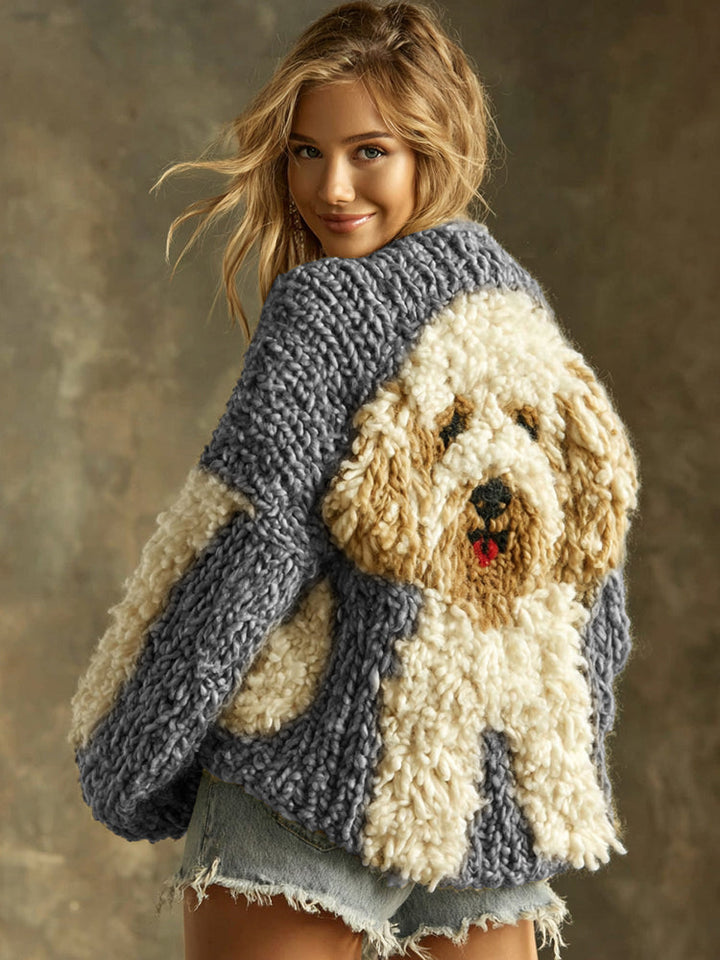 Pervenche™ | Women's Knit Sweater with Fluffy Dog Appliqué