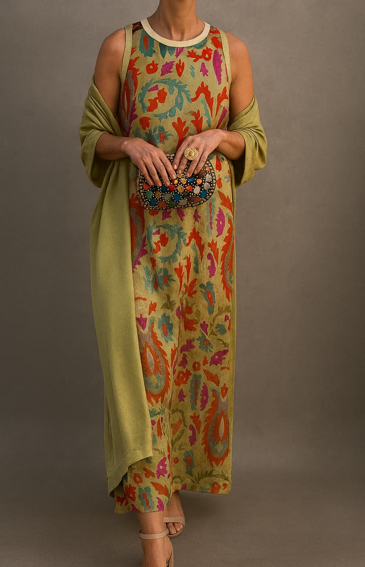 Elina™ | Printed Maxi Dress Set with Matching Vest