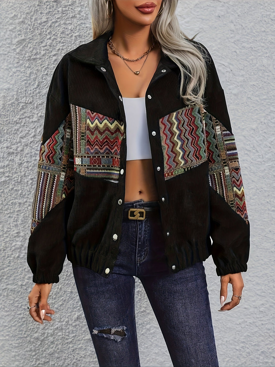 Guinevere™ | Women's Patchwork Snap Front Jacket with Woven Pattern Panels