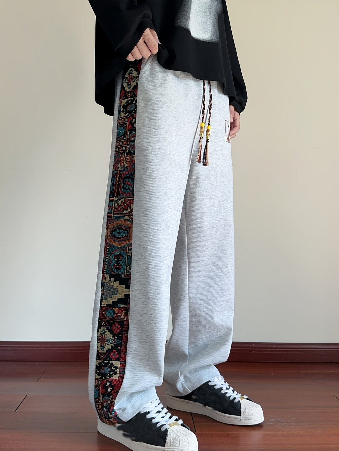 Rafael™ | Men's Wide Leg Drawstring Trousers with Patterned Side Panel