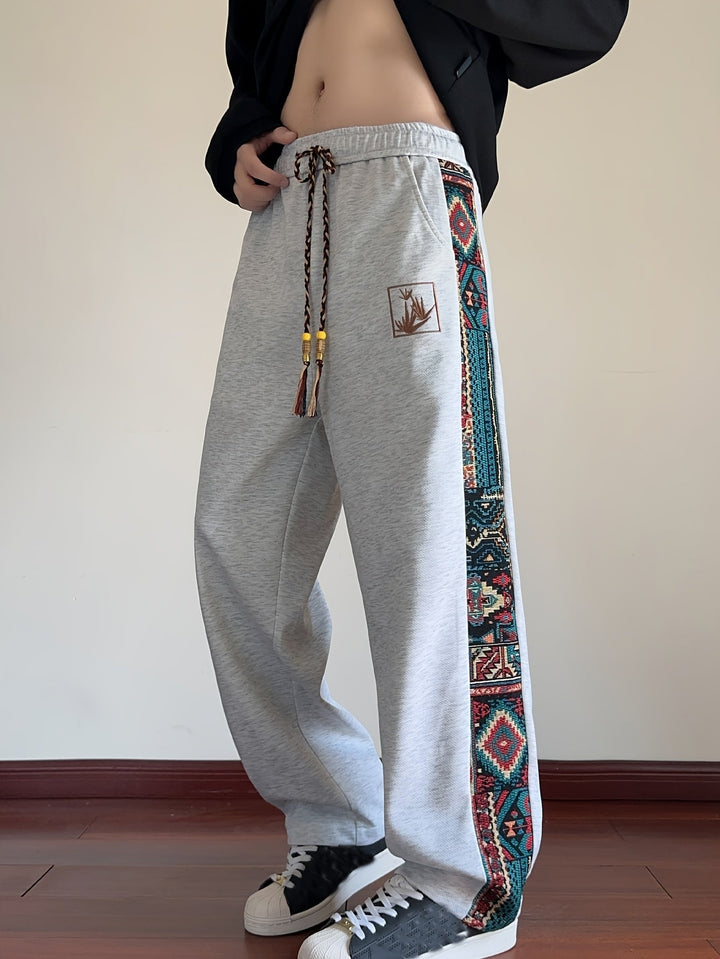 Rafael™ | Men's Wide Leg Drawstring Trousers with Patterned Side Panel